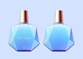Eye drop mockups of gold caps and blue geometric shaped bottles. Eye care products made in Japan vector