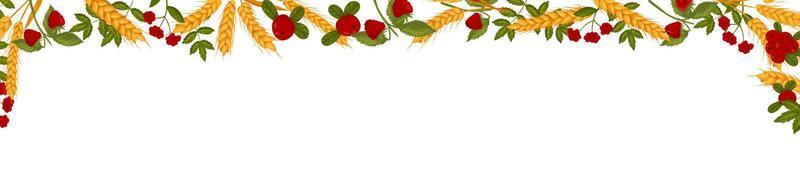 Spring horizontal frame with raspberry cranberries and wheat branches. Summer vector banner