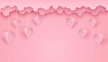 Paper art and craft style background with hearts and clouds. vector