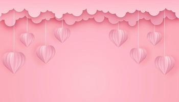 Paper art and craft style background with hearts and clouds. vector