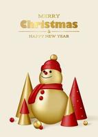 Merry Christmas and Happy New Year card. Red and gold 3D objects. Christmas tree and snowman. vector