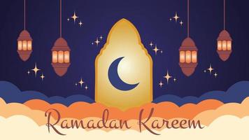 RAMADAN KAREEM WITH STARRY NIGHT SKY is a vector illustration that shows the atmosphere starry night sky there are also lanterns on the right and left of the gate of the mosque.