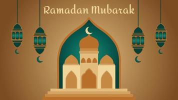 VECTOR RAMADAN MUBARAK WITH GOLDEN MOSQUE BACKGROUND is a beautiful vector illustration showing the golden mosque building. There are also lanterns which are a combination of gold and color green.