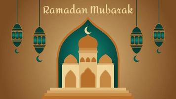 VECTOR RAMADAN MUBARAK WITH GOLDEN MOSQUE BACKGROUND is a beautiful vector illustration showing the golden mosque building. There are also lanterns which are a combination of gold and color green.