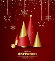 Merry Christmas and Happy New Year background. 3D realistic gold and red decorative Christmas trees and garlands. vector