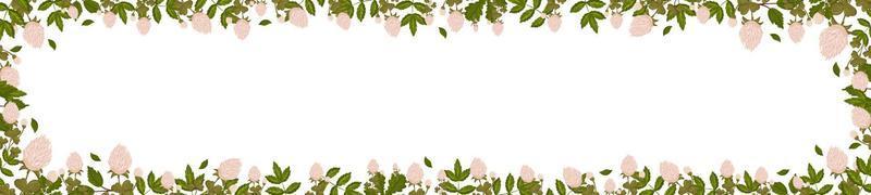 Spring horizontal frame with clover flowers, shamrock and leaves. Summer vector banner i