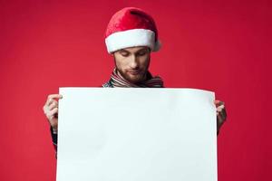 emotional man in a christmas white mockup poster isolated background photo