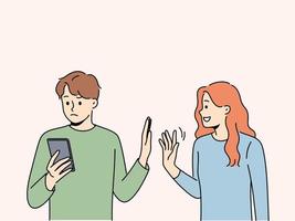 Man reject smiling loving woman showing attention. Busy guy using cellphone avoid and ignore persistent female show interest. Relationship problem. Vector illustration.
