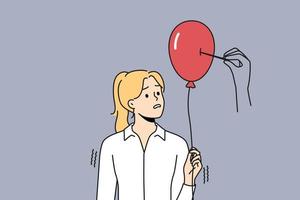 Huge hand pierce balloon with needle. Stressed female employee overwhelmed with work and burnout. Concept of dreams and illusion falling apart. Vector illustration.