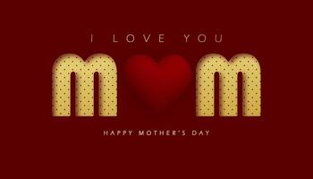 Happy Mother's Day greeting card. Paper cut text effect and 3d heart on red and gold background. vector