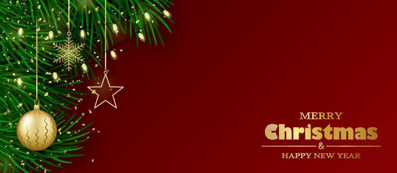 Merry Christmas and Happy New Year background. Christmas tree branches, golden ball, garlands and confetti.