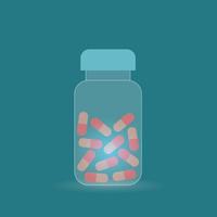 Pills in a transparent phial on a blue-green background. Vector illustration.