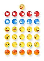 High quality 3d vector set round cartoon bubble Emoji emoticons for social media reactions, iface tear, smile, sad, love, like, Lol, laughter character.