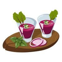 Beetroot gazpacho. Beautiful serving on a board with red onion rings and a sprig of basil. Vector illustration on a white background.