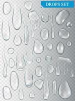 Realistic shining water drops and drips on transparent background vector illustration