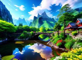 Wallpaper landscape, painting, fantasy art, anime, water, nature, sky, clouds, Earth, bridge, world, ART, mountain, balloons, screenshot, computer wallpaper, special effects, organism, photo