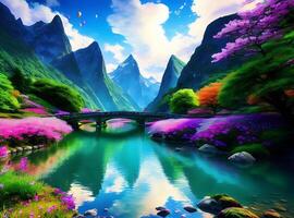 Wallpaper landscape, painting, fantasy art, anime, water, nature, sky, clouds, Earth, bridge, world, ART, mountain, balloons, screenshot, computer wallpaper, special effects, organism, photo