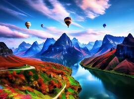 Wallpaper landscape, painting, fantasy art, anime, water, nature, sky, clouds, Earth, bridge, world, ART, mountain, balloons, screenshot, computer wallpaper, special effects, organism, photo