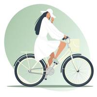 Beautiful girl in summer clothes, dress ride bicycle with a basket. Summer walk, travel. bicycle, sundress, hat. Girl is cyclist. Cute illustration in flat style Cute illustration in flat style vector