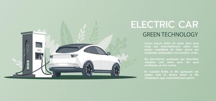 Horizontal banner with an electric car at a charging station.The concept of charging an electric car. Isolated vector illustration electric vehicle.