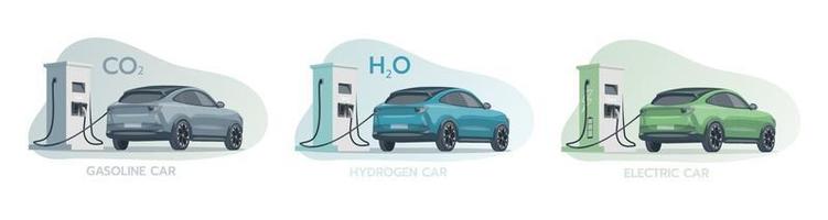 Gas station and car types vector set illustration. Template for website banner, mailing, advertising campaign. Gasoline car, hydrogen car, electric car near a gas station and car charging station