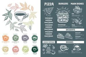 menú restaurante folleto. verde té taza. volantes con dibujado a mano gráfico. vector