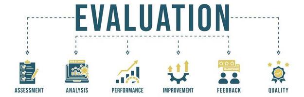 Evaluation icon vector illustration for assessment system of business and organization standard with Assessment, analysis, performance, improvement, feedback and Quality icon