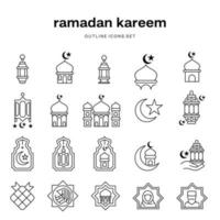 A set of ramadan kareem outline icons with a crescent moon and star. vector