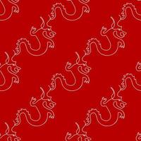 Seamless pattern with dragons illustration in line art style on a red background vector