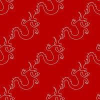 Seamless pattern with dragons illustration in line art style on a red background vector