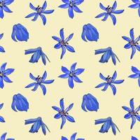 Spring  seamless pattern primroses snowdrops. Blue flower buds. Drawing doodle botanical sketch. vector