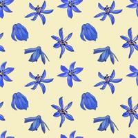 Spring  seamless pattern primroses snowdrops. Blue flower buds. Drawing doodle botanical sketch. vector