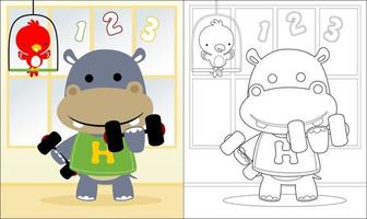 Vector of hippo cartoon lifting barbell with little bird, coloring book or page