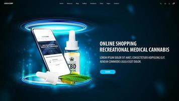 Recreational medical cannabis, banner with smartphone and CBD oil bottle with pipette inside blue portal made of digital rings in dark empty scene vector