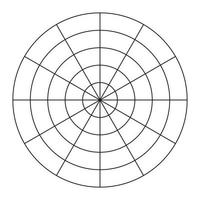 Polar grid of 12 segments and 4 concentric circles. Wheel of life template. Coaching tool. Circle diagram of lifestyle balance. Blank polar graph paper. Vector illustration.