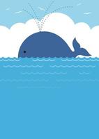 Vector Blue Whale In The Sea Seamless Background Illustration With Blue Sky, White Clouds, And Text Space. Horizontally Repeatable.