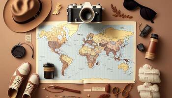 Travel flat lay background, top view on trip accessories, photo