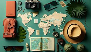 Travel flat lay background, top view on trip accessories, photo