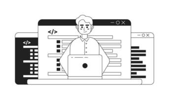 Coding career black and white concept vector spot illustration. Editable 2D flat monochrome cartoon character for web design. Software development creative line art idea for website, mobile, blog