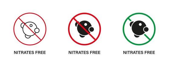 Nitrates Free Silhouette and Line Icon Set. Nitrites in Food Ingredient Stop Sign. Nitrate Forbidden Symbol. Nutrition Control Certified Badge. Guarantee Non Nitrite. Isolated Vector Illustration.