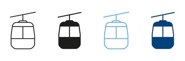 Cable Car Line And Silhouette Color Icons Set. Pictogram Of Cable Car. Collection Of Symbols on White Background Of Gondola, Funicular, Lift And Tourist Cable Car. Isolated Vector Illustration.