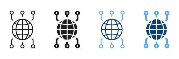 Worldwide Network Symbol Collection. Cyber Technology Black and Color Sign. Global Network Line and Silhouette Icon Set. International Grid for Community. Isolated Vector Illustration.