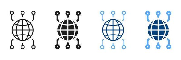 Worldwide Network Symbol Collection. Cyber Technology Black and Color Sign. Global Network Line and Silhouette Icon Set. International Grid for Community. Isolated Vector Illustration.