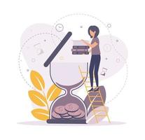 Time management illustration. Illustration of a woman standing on the stairs, puts documents in the hourglass in which the coins lie. vector