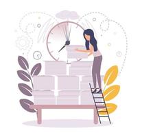 Time management illustration. Illustration of lack of time. Illustration of a woman standing on the stairs near the stacks of papers over which the clock, on the background of leaves, gears. vector