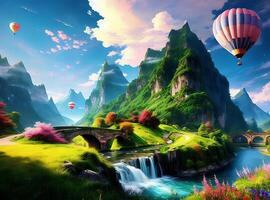 Wallpaper landscape, painting, fantasy art, anime, water, nature, sky, clouds, Earth, bridge, world, ART, mountain, balloons, screenshot, computer wallpaper, special effects, organism, photo