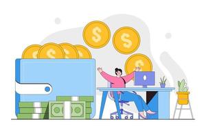 pasivo ingreso, Internet salario, ganador dinero concepto. mujer consiguiendo pagado desde en línea trabajar. contorno diseño estilo mínimo vector ilustración para aterrizaje página, web bandera, infografía, héroe imágenes