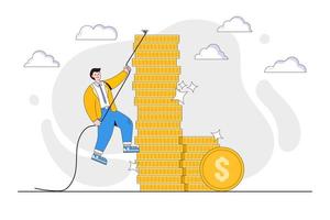 Financial goal, income, salary and career path, investor risk to make profit or money concept. Businessman trying hard to reach top of money coins stack by climbing rope vector