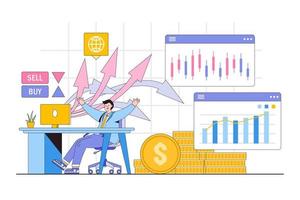 Trading online and make money online concept. People buy, sell and make up the portfolio cryptocurrency, stocks and bonds for forex. Outline design style minimal vector illustration for landing page