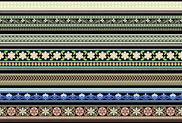 Set Ethnic Seamless borders and flower ornament, motif draws working illustration flowers and  ornament motif India design elements Neckline pattern or, repeat the floral texture